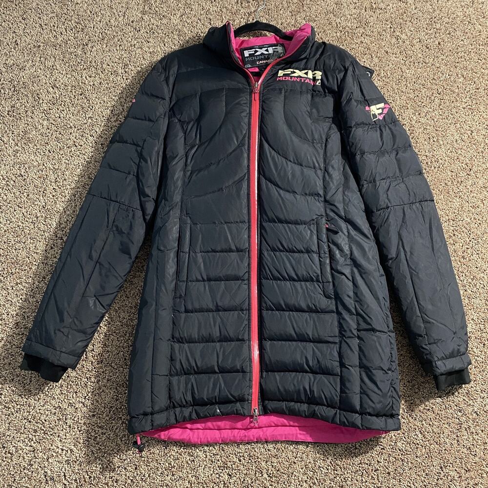 FXR Mountain Jacket Womens‎ 6 Black Pink Fuze Long Down Hooded Winter Coat